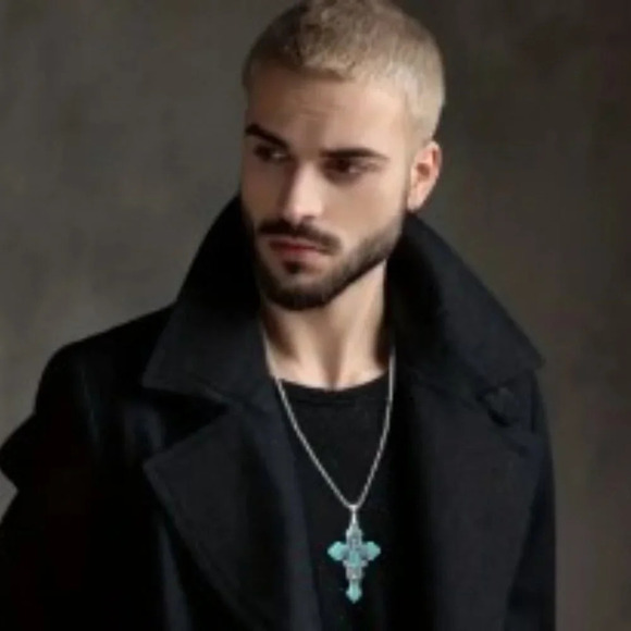 Turquoise Cross Necklace Antique Silver Plated _ unisex - Picture 5 of 6